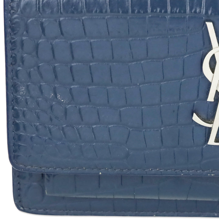 Saint Laurent Blue Crocodile-Embossed Leather Mini Sunset Chain Bag