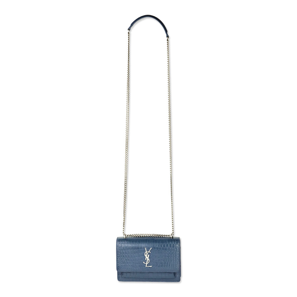 Saint Laurent Blue Crocodile-Embossed Leather Mini Sunset Chain Bag