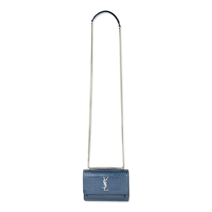 Saint Laurent Blue Crocodile-Embossed Leather Mini Sunset Chain Bag