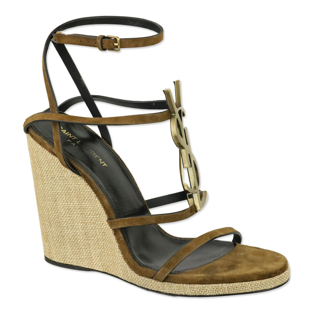 Saint Laurent Cassandra 105 Brown Suede Wedge Sandals