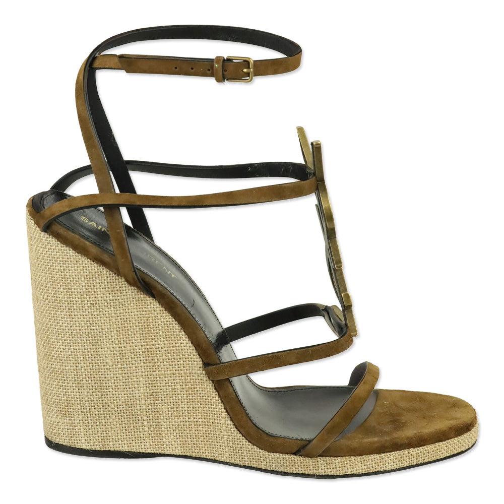 Saint Laurent Cassandra 105 Brown Suede Wedge Sandals