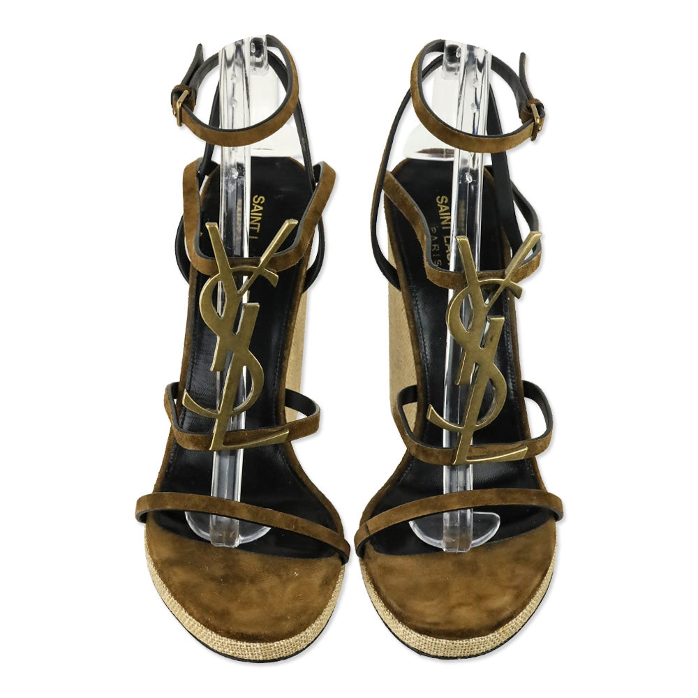 Saint Laurent Cassandra 105 Brown Suede Wedge Sandals