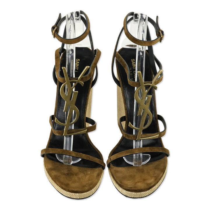 Saint Laurent Cassandra 105 Brown Suede Wedge Sandals