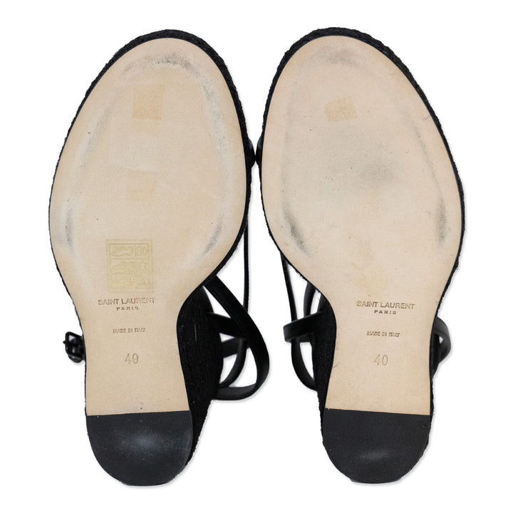 Saint Laurent Cassandra Black Leather Monogram Espadrille Wedge Sandals