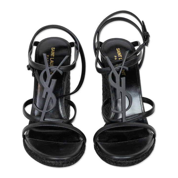 Saint Laurent Cassandra Black Leather Monogram Espadrille Wedge Sandals