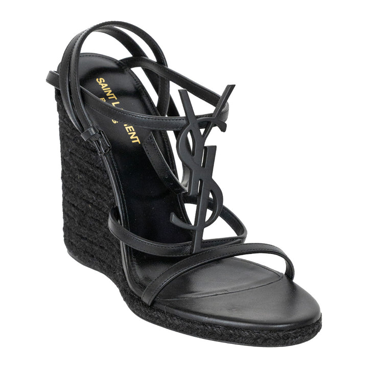 Saint Laurent Cassandra Black Leather Monogram Espadrille Wedge Sandals