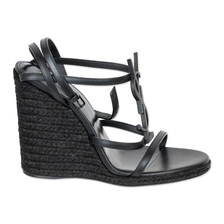 Saint Laurent Cassandra Black Leather Monogram Espadrille Wedge Sandals