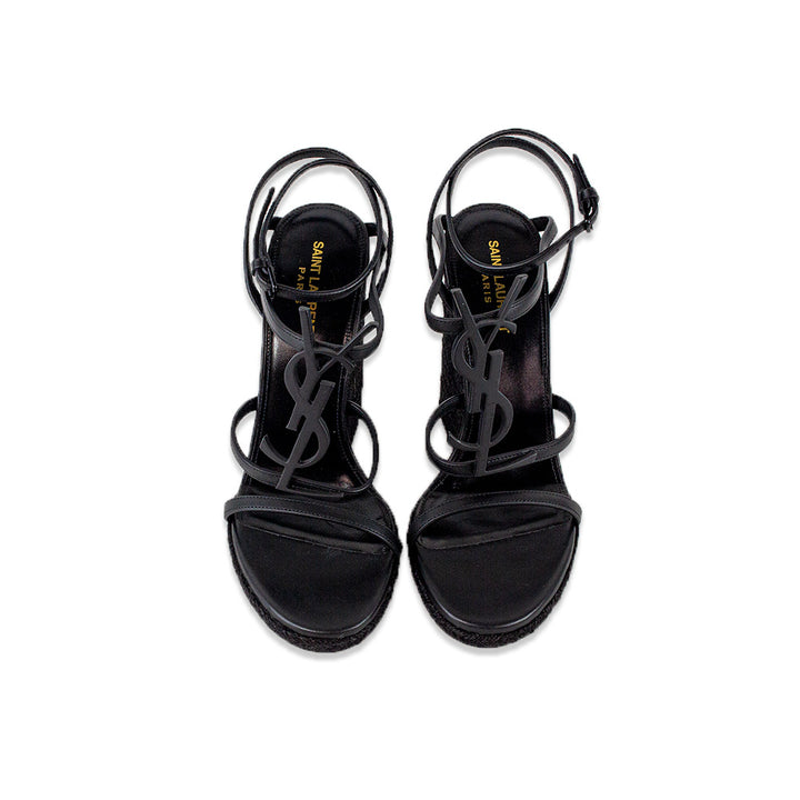 Saint Laurent Cassandra Black Leather Monogram Espadrille Wedge Sandals