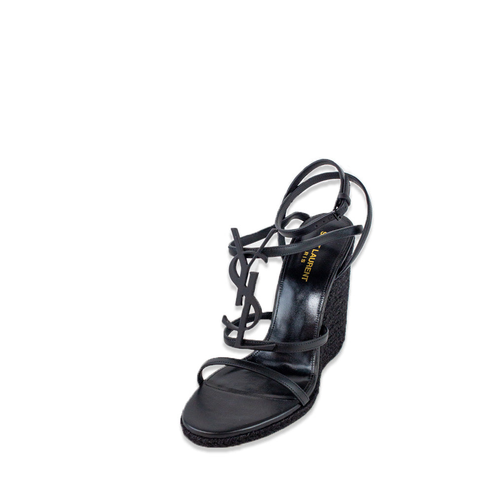 Saint Laurent Cassandra Black Leather Monogram Espadrille Wedge Sandals