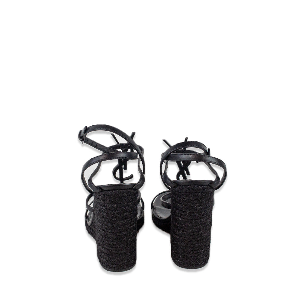 Saint Laurent Cassandra Black Leather Monogram Espadrille Wedge Sandals