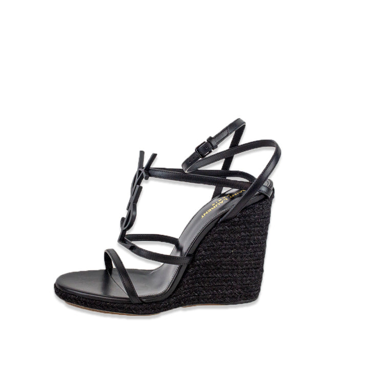 Saint Laurent Cassandra Black Leather Monogram Espadrille Wedge Sandals