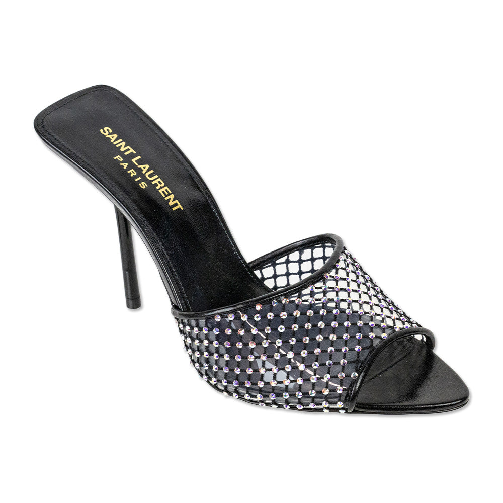 Saint Laurent Disco PVC Crystal Mesh Black Leather Mules