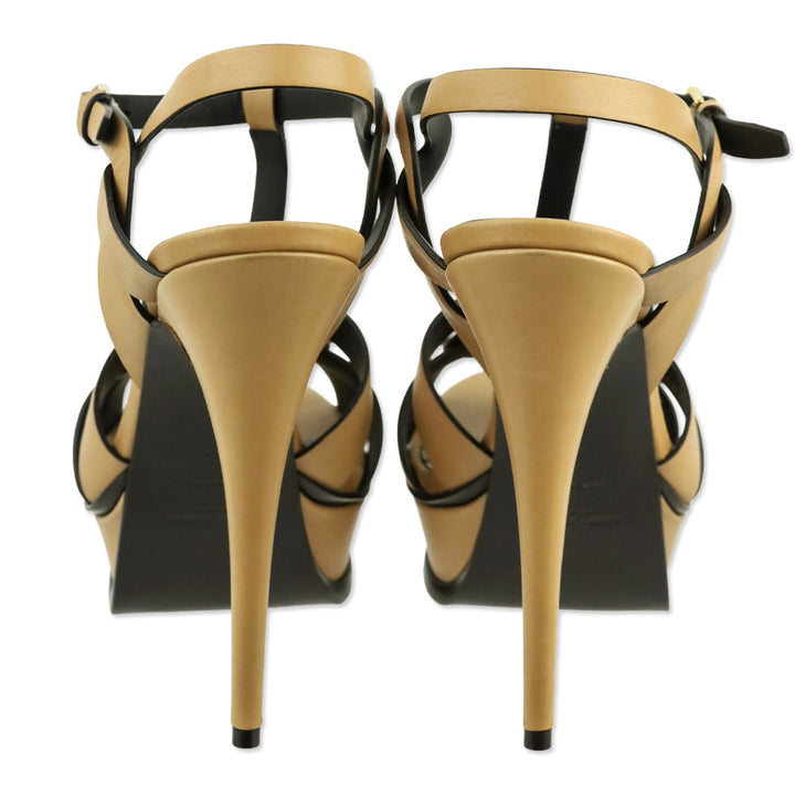 Saint Laurent Gold Brown Masoil Vintage Leather 105MM Tribute Platform Sandals