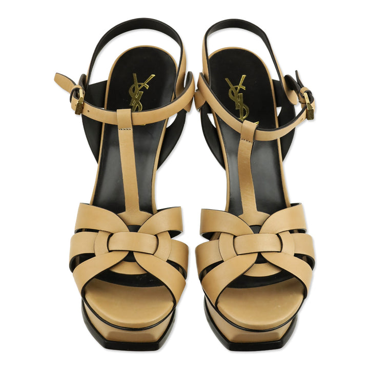 Saint Laurent Gold Brown Masoil Vintage Leather 105MM Tribute Platform Sandals