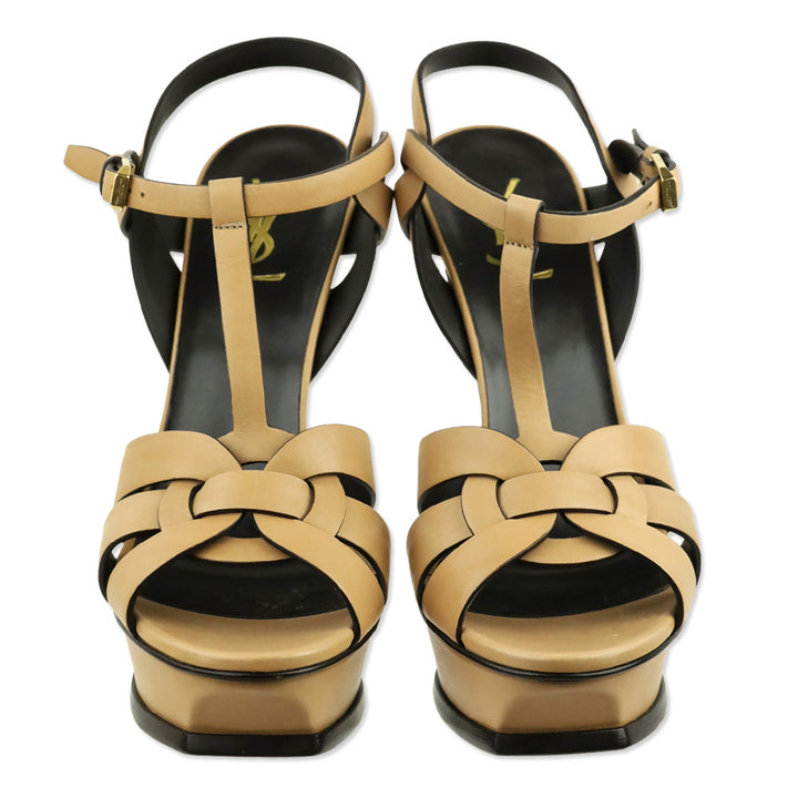 Saint Laurent Gold Brown Masoil Vintage Leather 105MM Tribute Platform Sandals