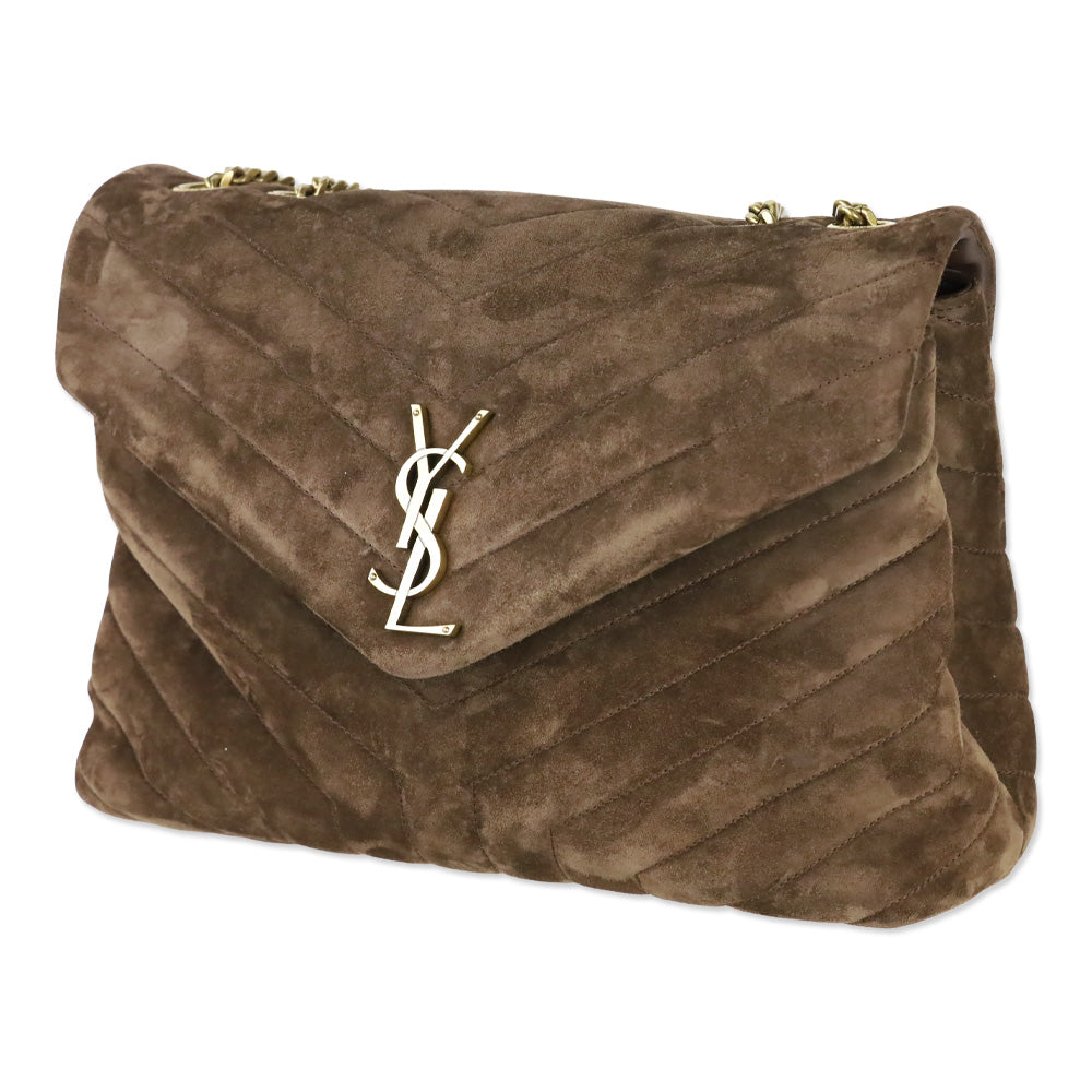 Saint Laurent Medium Lou Matelassé Bark Brown Suede Shoulder Bag