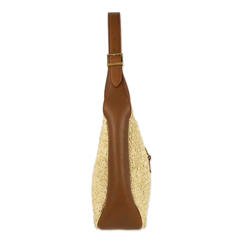 Saint Laurent Pale Brown Raffia and Brick Leather Le 5 À 7 Supple Small Shoulder Bag