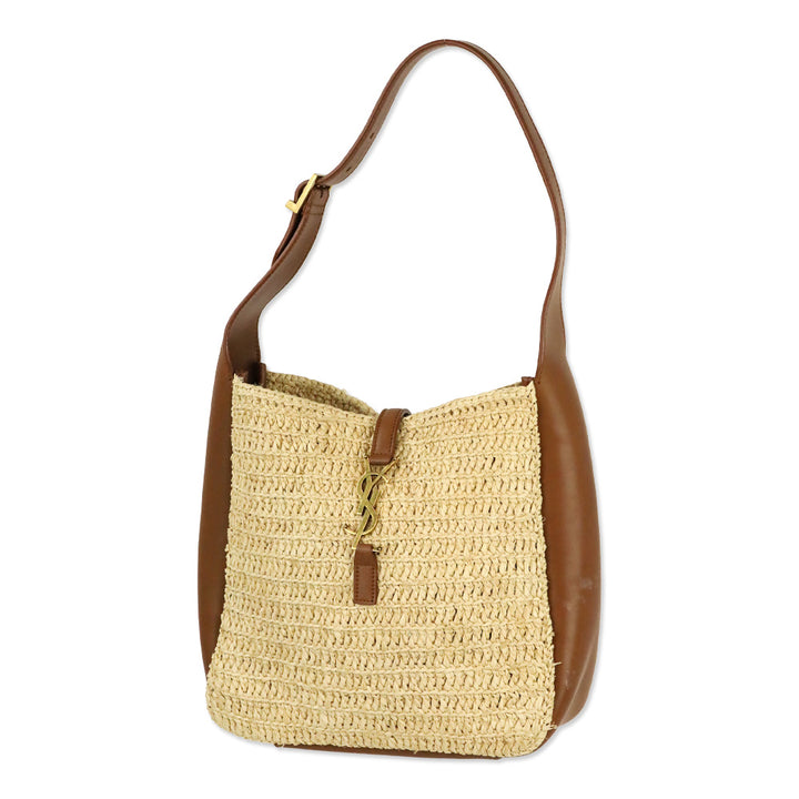 Saint Laurent Pale Brown Raffia and Brick Leather Le 5 À 7 Supple Small Shoulder Bag