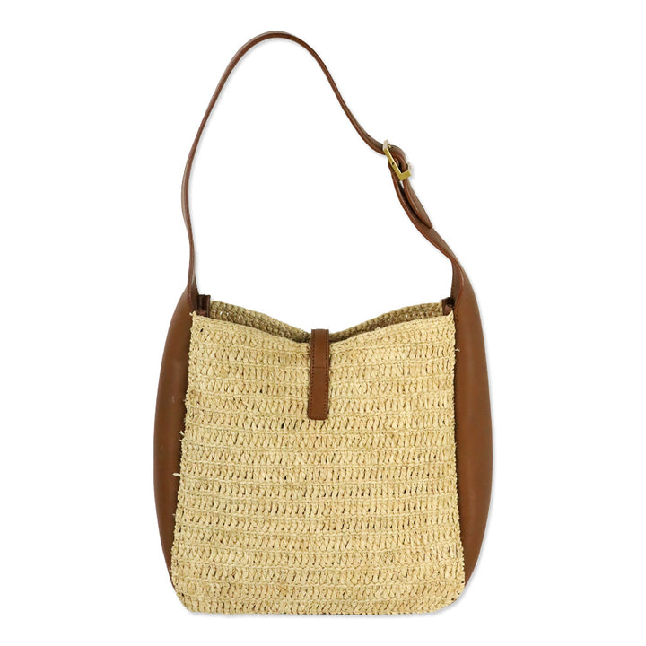 Saint Laurent Pale Brown Raffia and Brick Leather Le 5 À 7 Supple Small Shoulder Bag