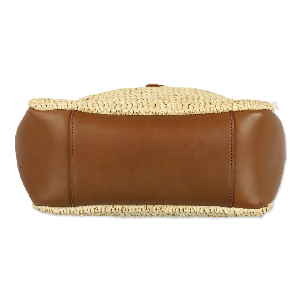 Saint Laurent Pale Brown Raffia and Brick Leather Le 5 À 7 Supple Small Shoulder Bag