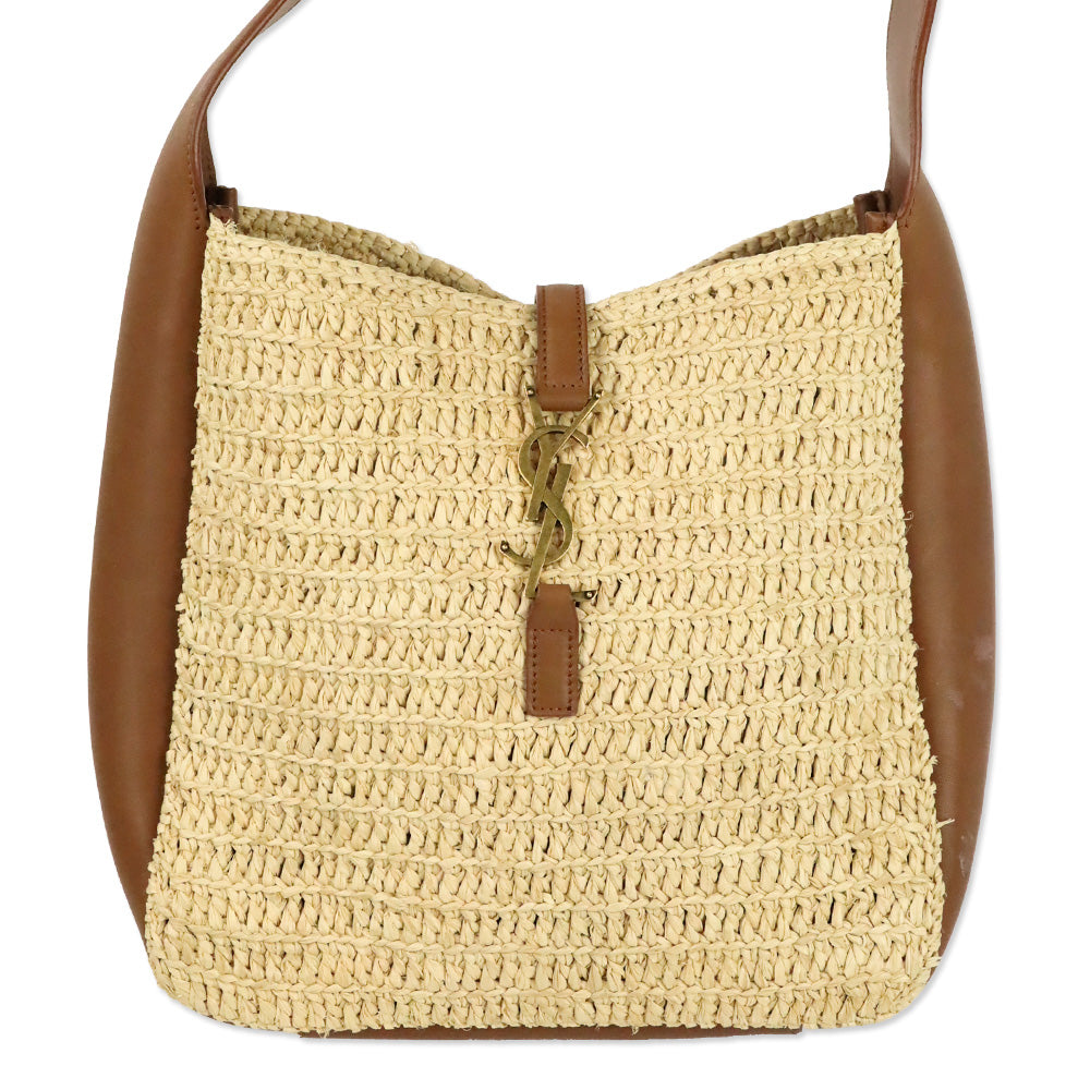 Saint Laurent Pale Brown Raffia and Brick Leather Le 5 À 7 Supple Small Shoulder Bag