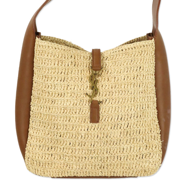 Saint Laurent Pale Brown Raffia and Brick Leather Le 5 À 7 Supple Small Shoulder Bag