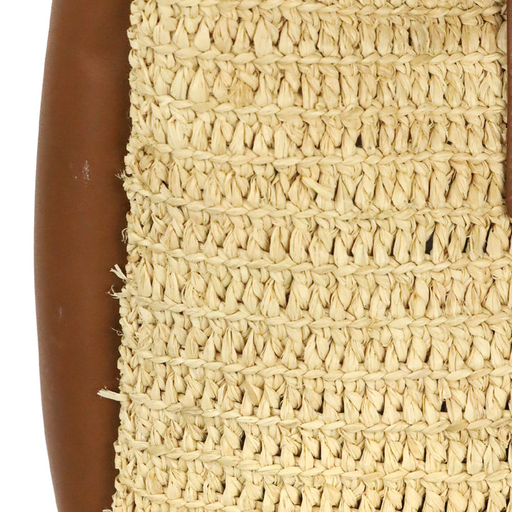 Saint Laurent Pale Brown Raffia and Brick Leather Le 5 À 7 Supple Small Shoulder Bag
