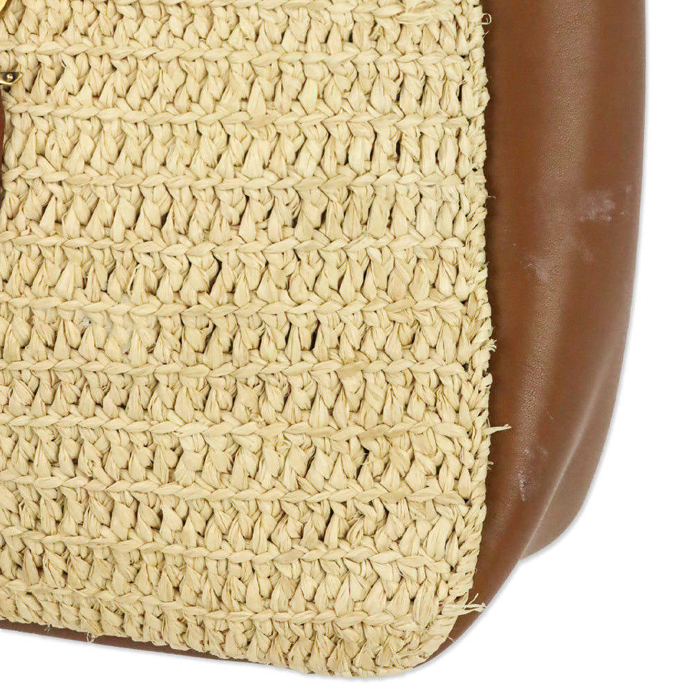 Saint Laurent Pale Brown Raffia and Brick Leather Le 5 À 7 Supple Small Shoulder Bag