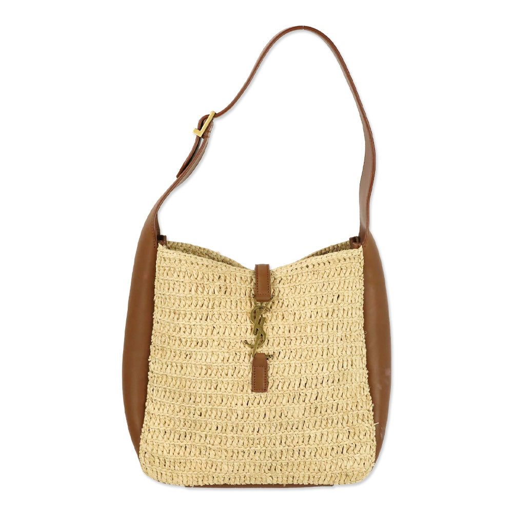 Saint Laurent Pale Brown Raffia and Brick Leather Le 5 À 7 Supple Small Shoulder Bag