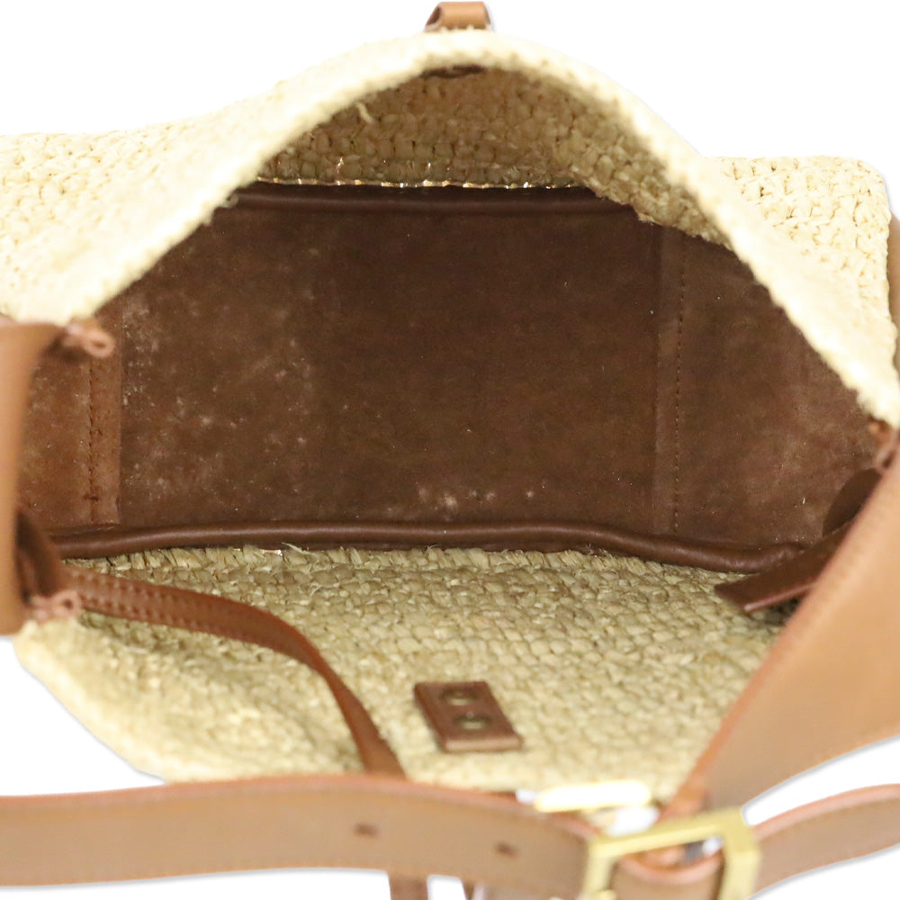Saint Laurent Pale Brown Raffia and Brick Leather Le 5 À 7 Supple Small Shoulder Bag