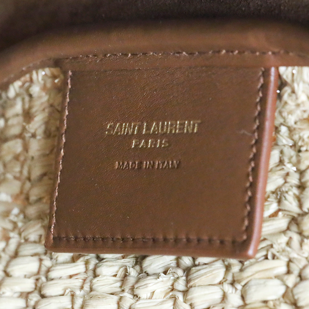 Saint Laurent Pale Brown Raffia and Brick Leather Le 5 À 7 Supple Small Shoulder Bag