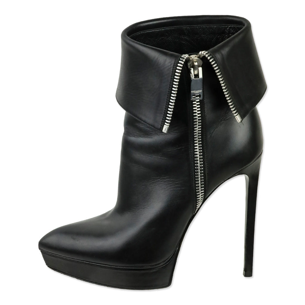 Saint Laurent Paris Black Leather Zip Foldover Janis 105 Ankle Boots