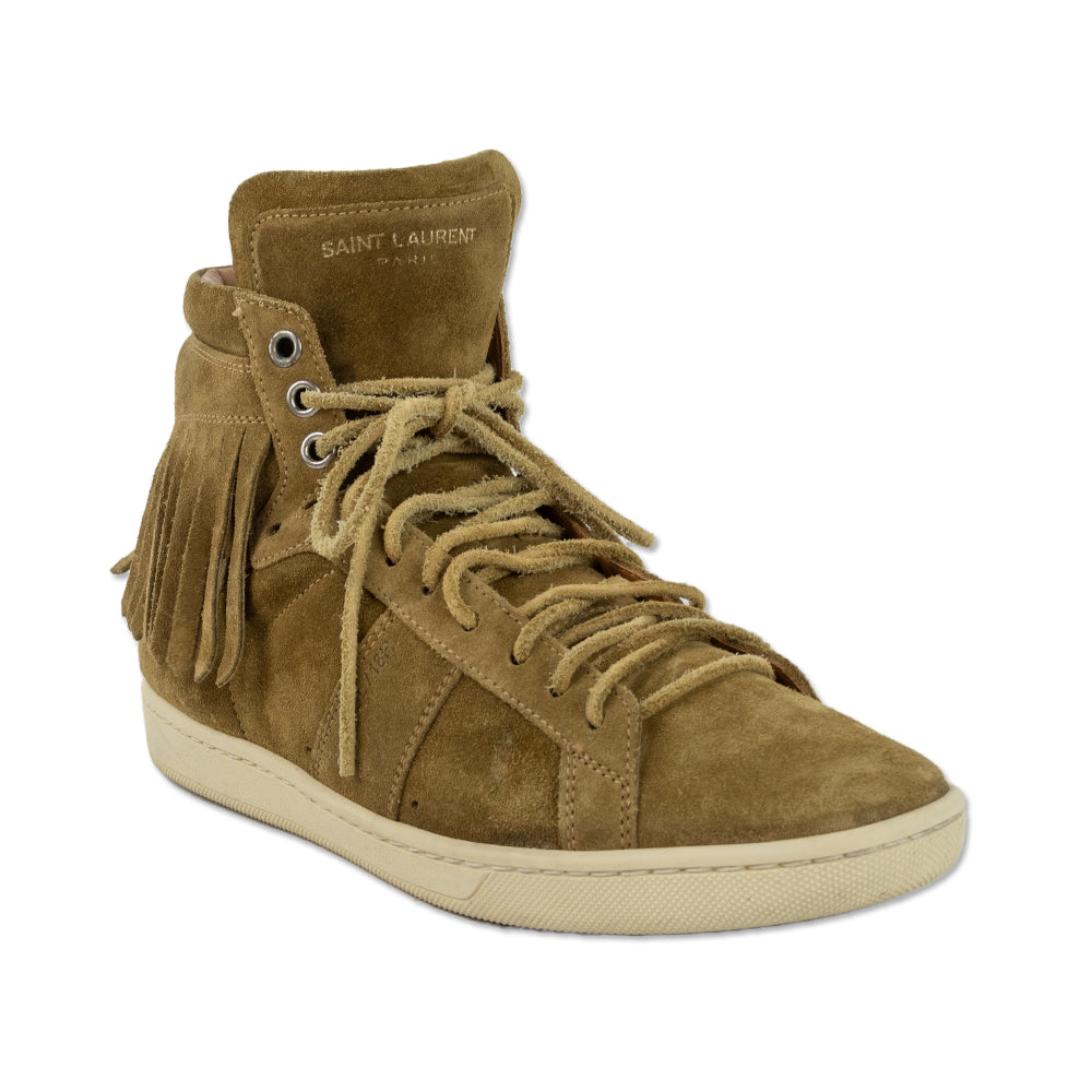 Saint Laurent Tan Suede Fringe High Top Sneakers