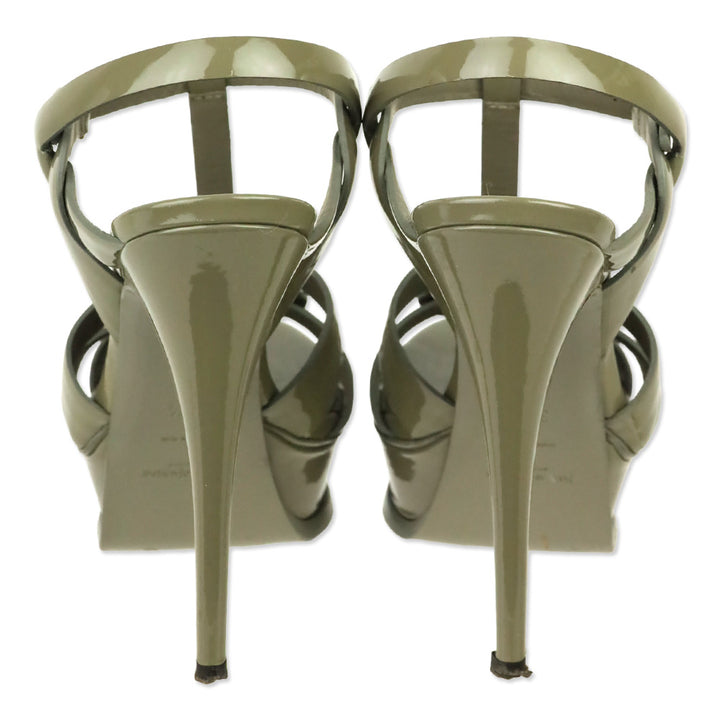 Saint Laurent Taupe Grey Patent Leather 105MM Tribute Platform Sandals