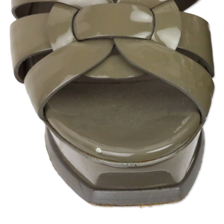 Saint Laurent Taupe Grey Patent Leather 105MM Tribute Platform Sandals