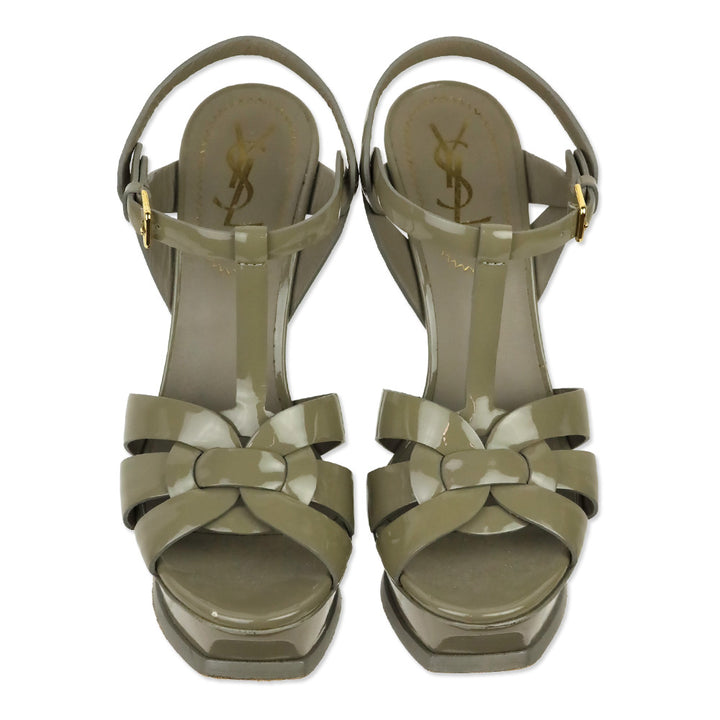 Saint Laurent Taupe Grey Patent Leather 105MM Tribute Platform Sandals