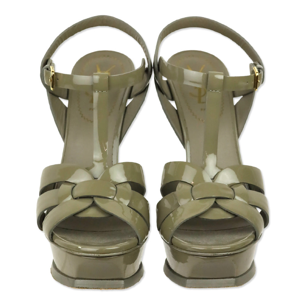 Saint Laurent Taupe Grey Patent Leather 105MM Tribute Platform Sandals