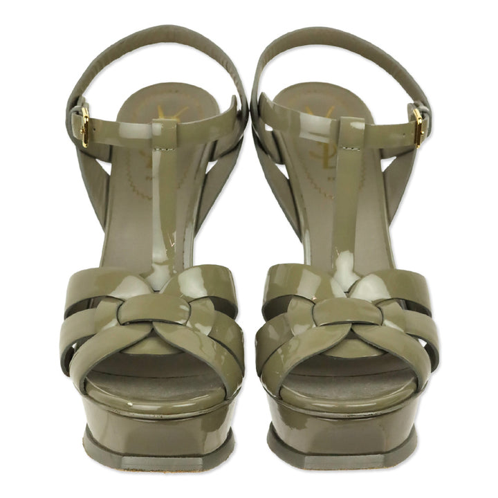 Saint Laurent Taupe Grey Patent Leather 105MM Tribute Platform Sandals