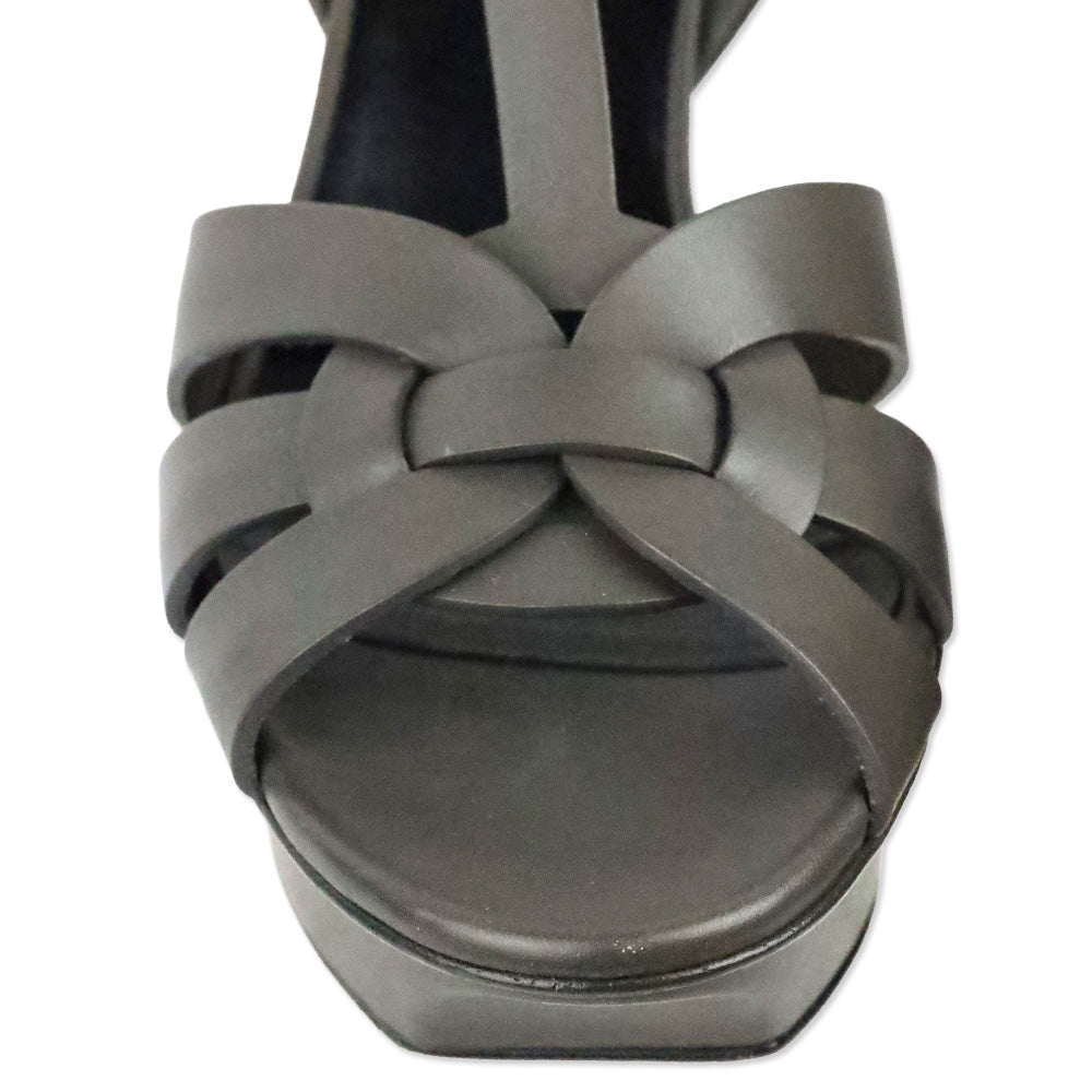 Saint Laurent Tribute 75MM Grey Smooth Leather Platform Sandals