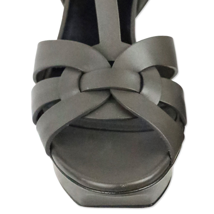 Saint Laurent Tribute 75MM Grey Smooth Leather Platform Sandals