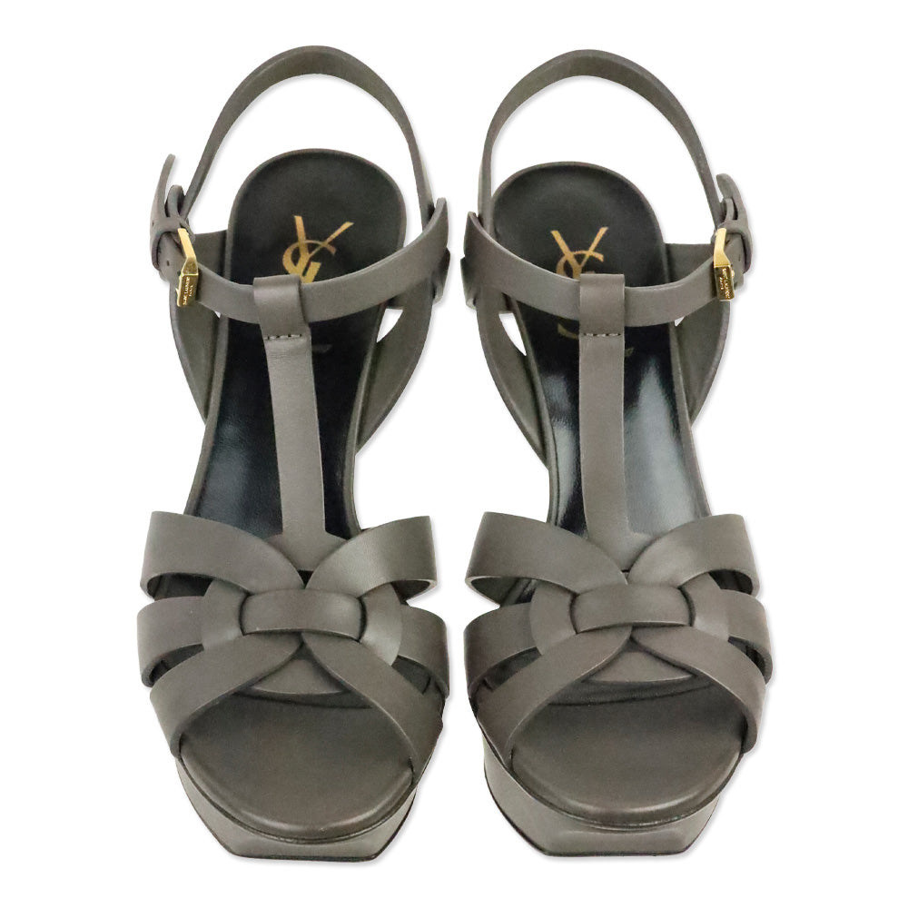 Saint Laurent Tribute 75MM Grey Smooth Leather Platform Sandals