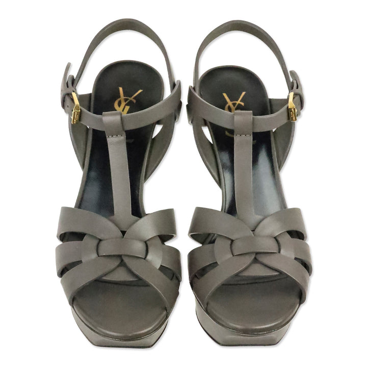Saint Laurent Tribute 75MM Grey Smooth Leather Platform Sandals