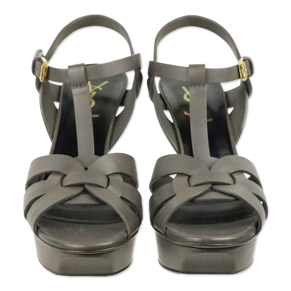 Saint Laurent Tribute 75MM Grey Smooth Leather Platform Sandals