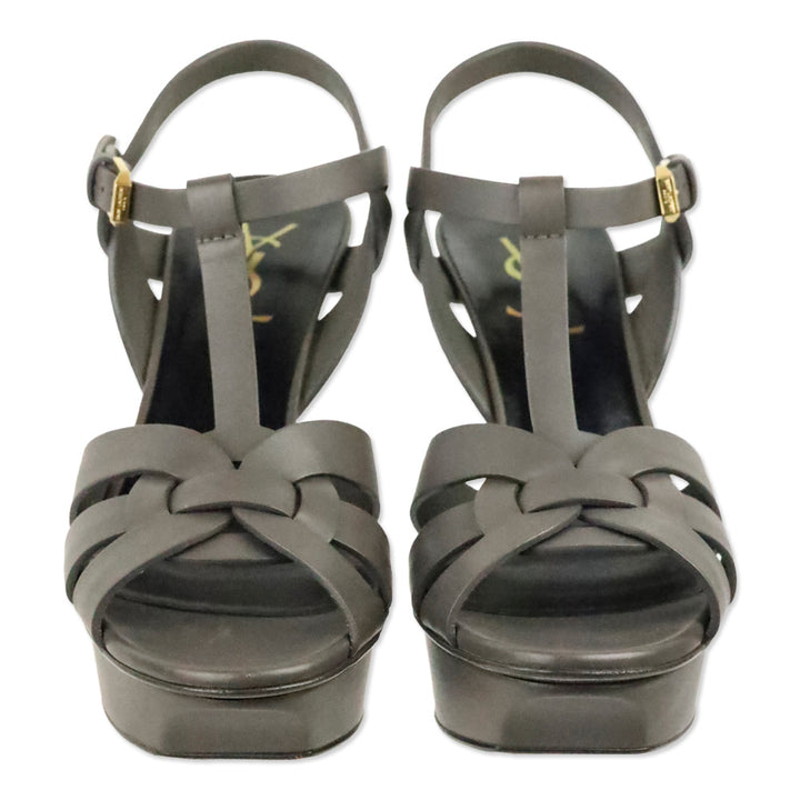 Saint Laurent Tribute 75MM Grey Smooth Leather Platform Sandals