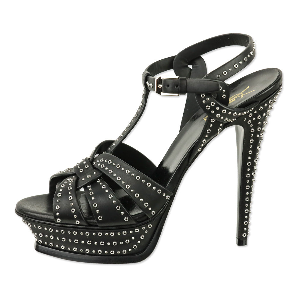 Saint Laurent Tribute Mini Grommet/Studded Black Leather Platform Heels