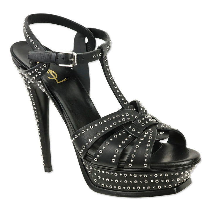 Saint Laurent Tribute Mini Grommet/Studded Black Leather Platform Heels