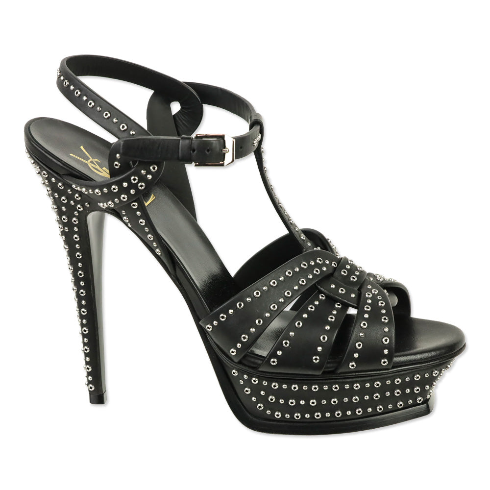 Saint Laurent Tribute Mini Grommet/Studded Black Leather Platform Heels