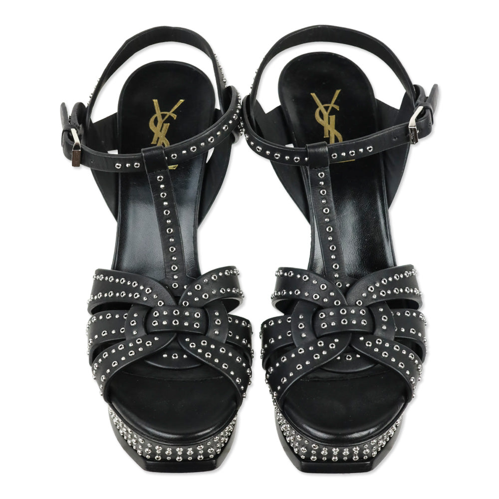 Saint Laurent Tribute Mini Grommet/Studded Black Leather Platform Heels