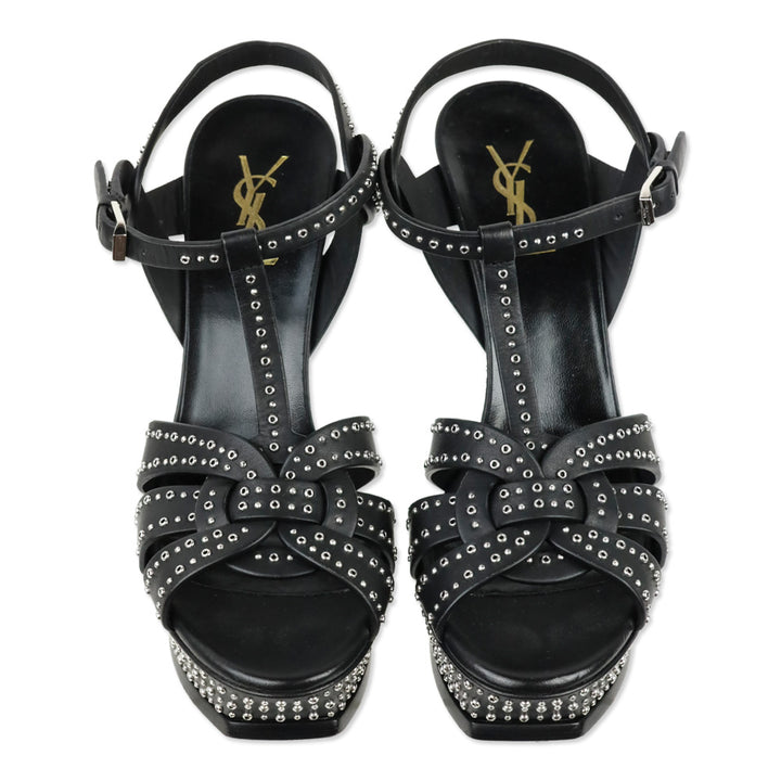 Saint Laurent Tribute Mini Grommet/Studded Black Leather Platform Heels