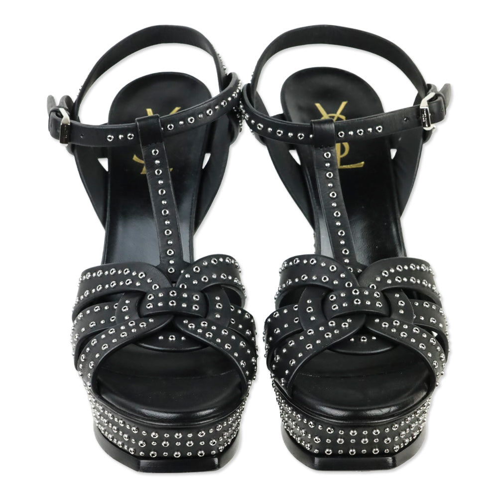 Saint Laurent Tribute Mini Grommet/Studded Black Leather Platform Heels